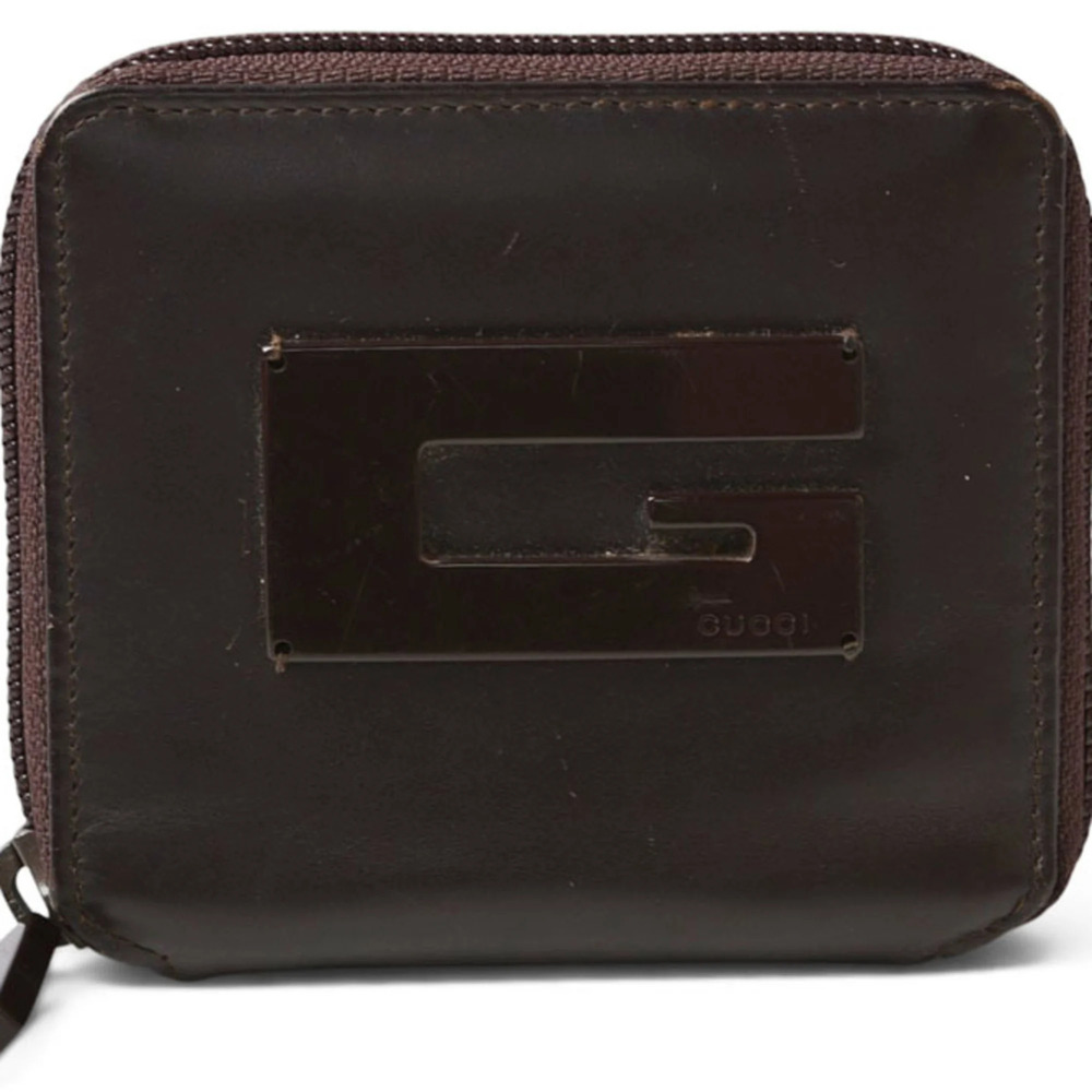 Gucci coin case/card case, GUCCI mini wallet with G plate, calfskin, brown, 0...